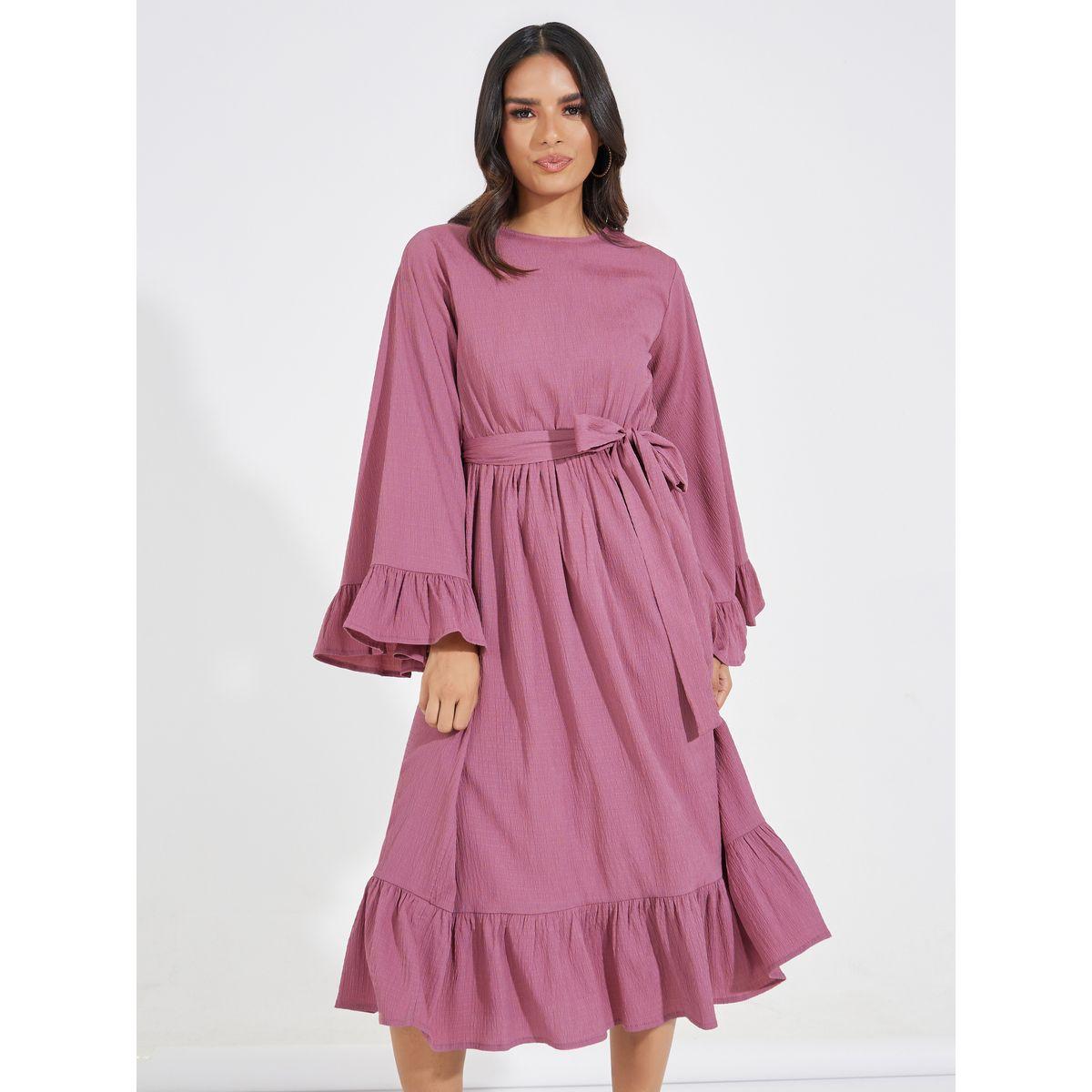 فستان ميدي بأكمام فلوت مع رباط خصر-women-clothing-dresses-image-5