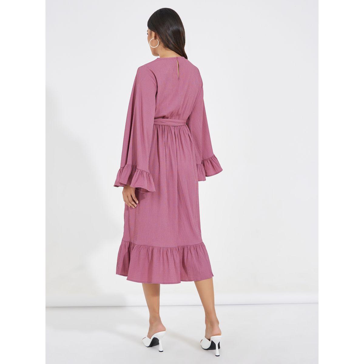 فستان ميدي بأكمام فلوت مع رباط خصر-women-clothing-dresses-image-6