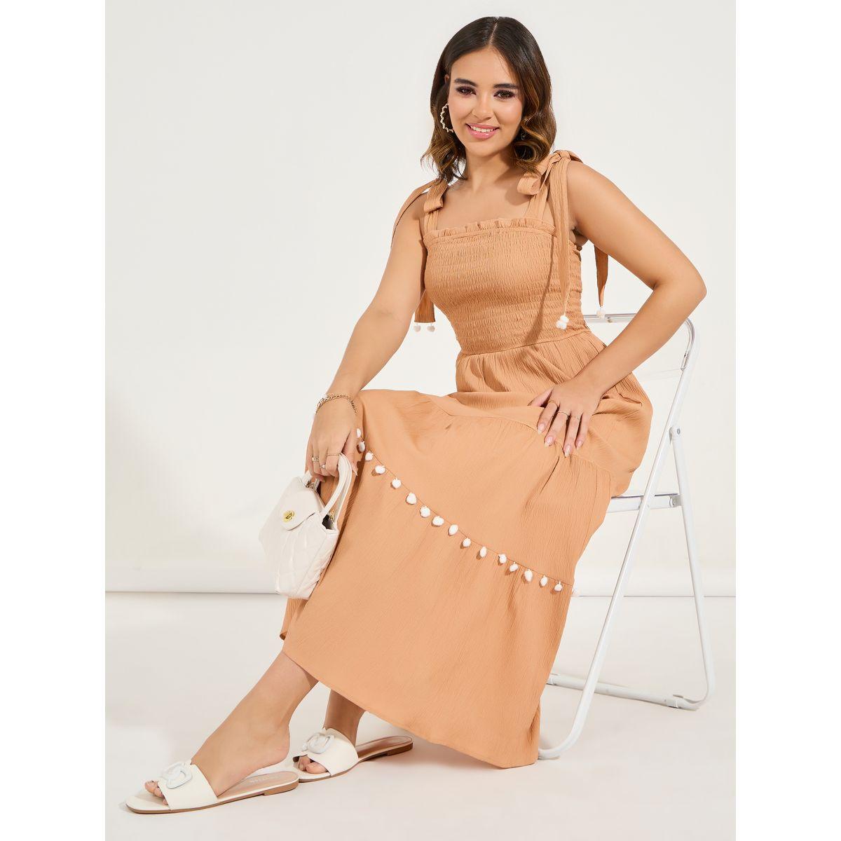 فستان ميدي سادة بتفاصيل مزمومة-women-clothing-dresses-image-1