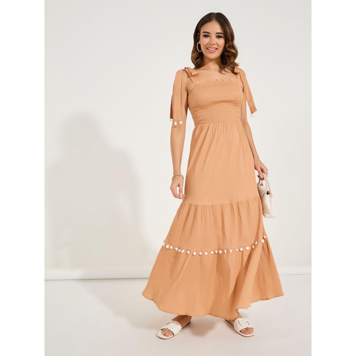 Styli Pom Pom Detail Tie-Strap Tiered Maxi Dress-women-clothing-dresses-image-5