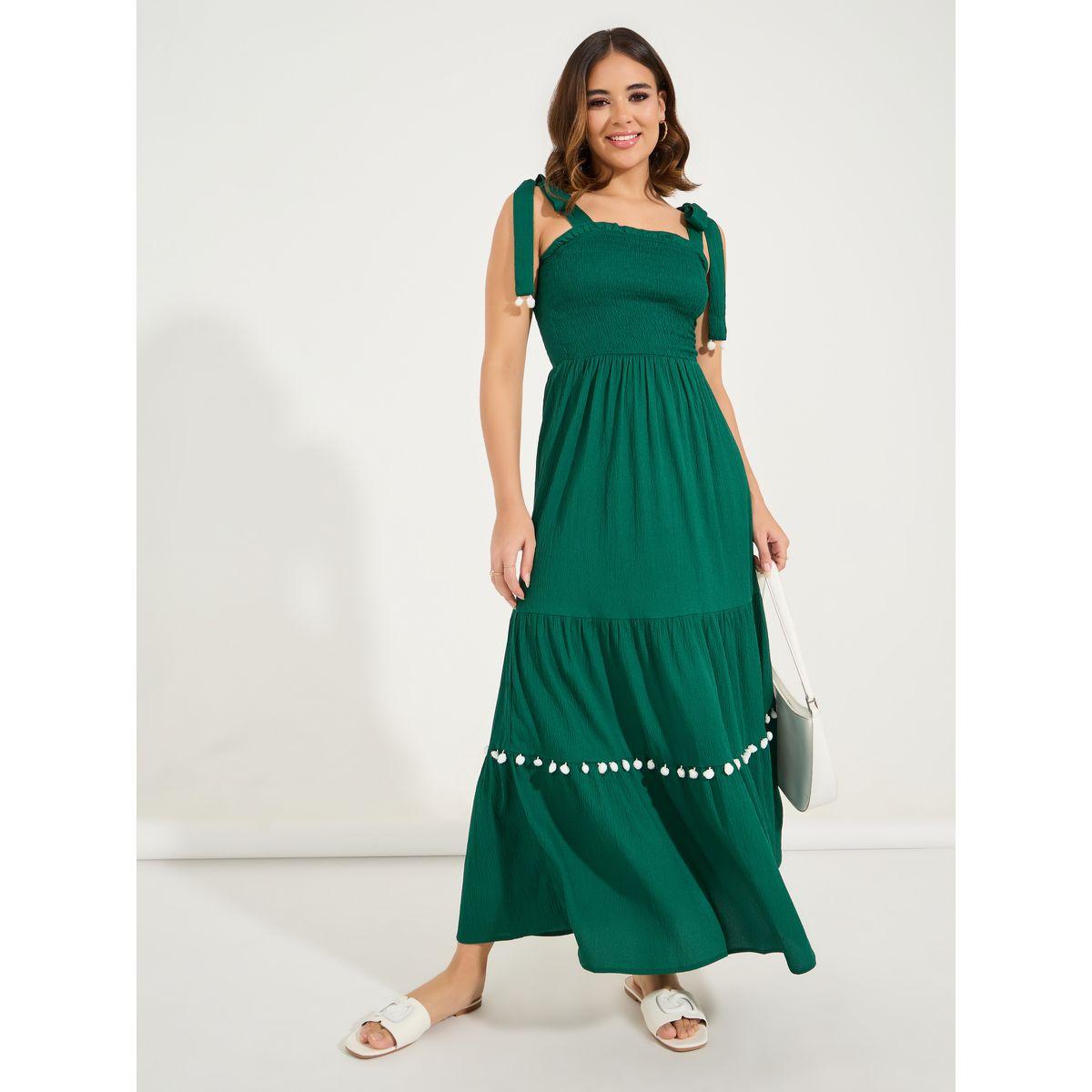 فستان ميدي سادة بتفاصيل مزمومة-women-clothing-dresses-image-1