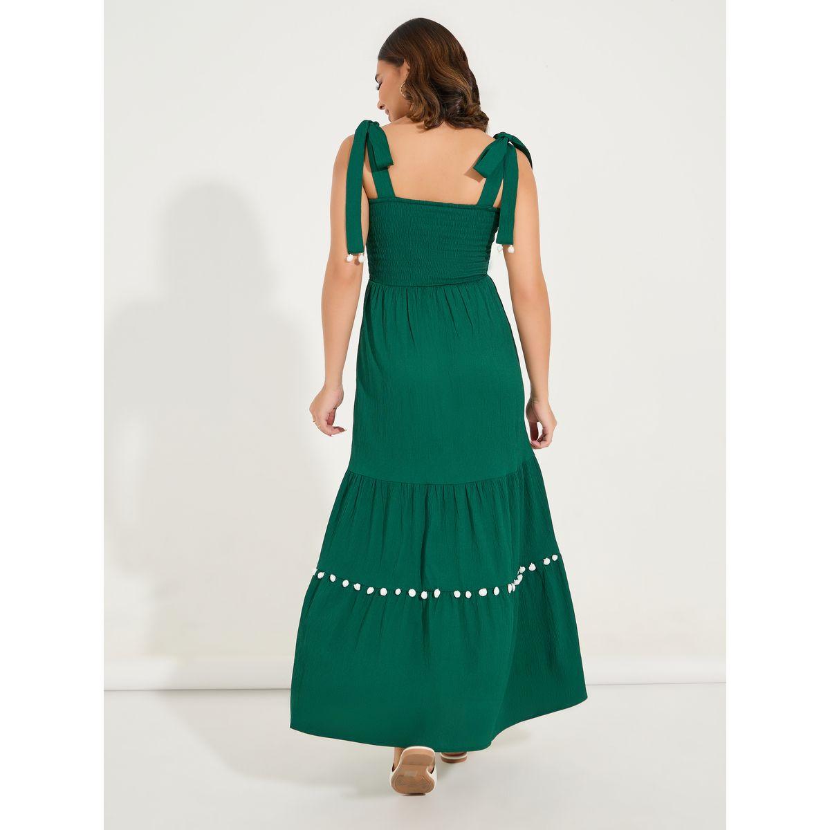 Styli Solid Ruched Pom Pom Detailed A-Line Maxi Dress-women-clothing-dresses-image-6