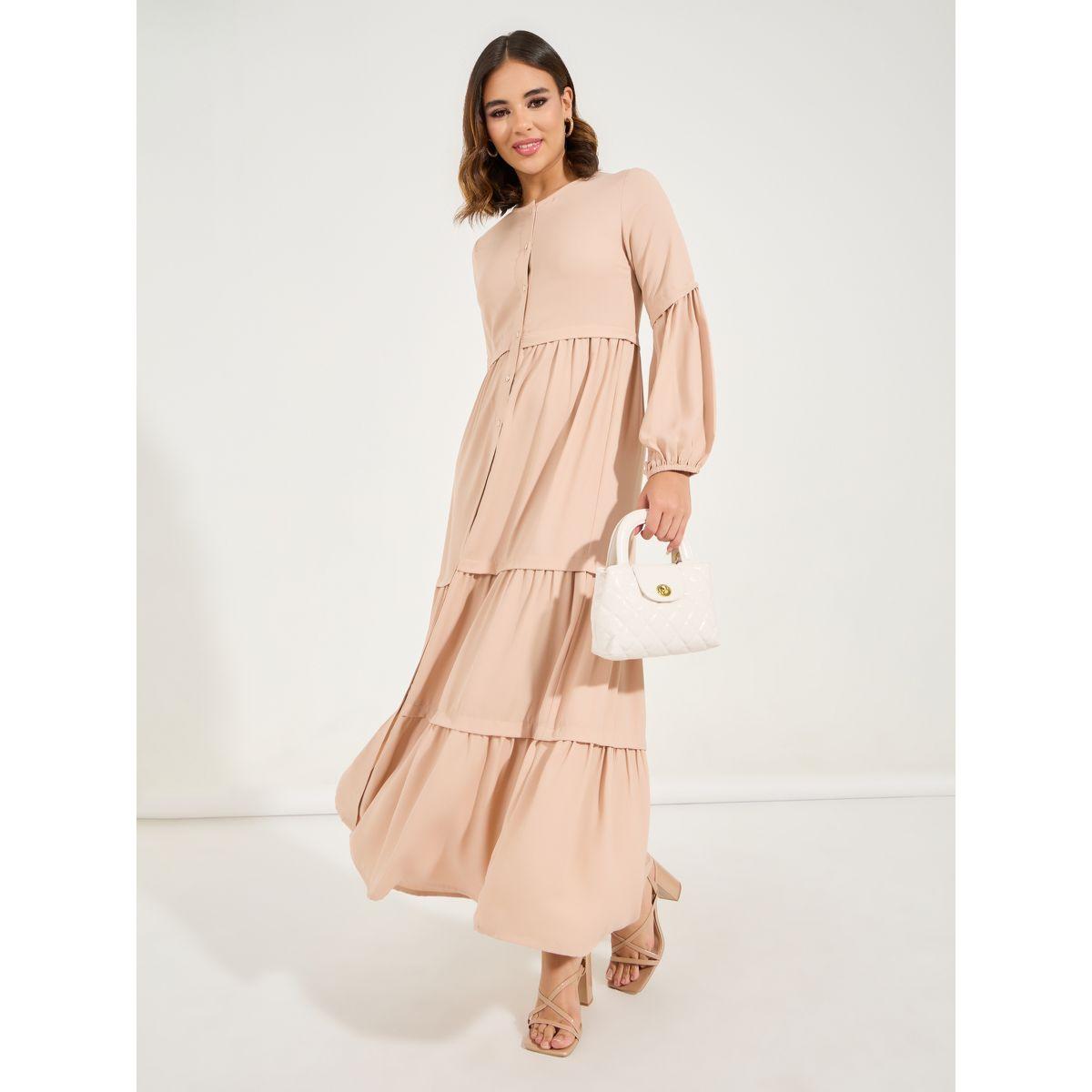 Styli Solid Full Button Front Tiered Maxi Dress-women-clothing-dresses-image-3