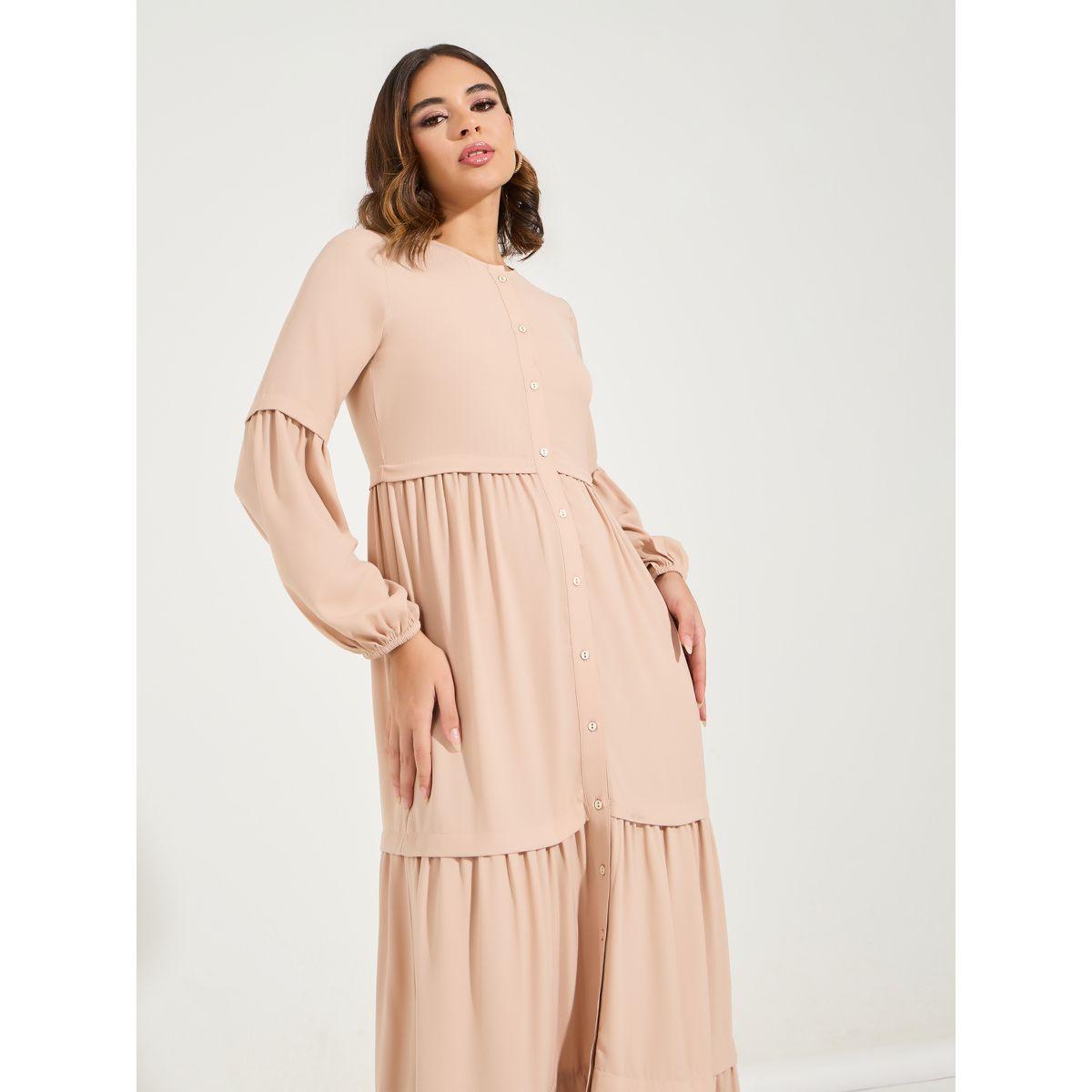 Styli Solid Full Button Front Tiered Maxi Dress-women-clothing-dresses-image-4