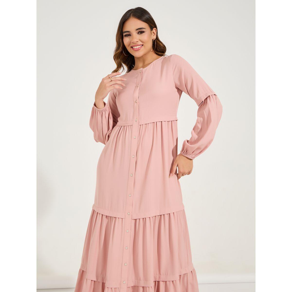 Styli Solid Full Button Front Tiered Maxi Dress-women-clothing-dresses-image-2