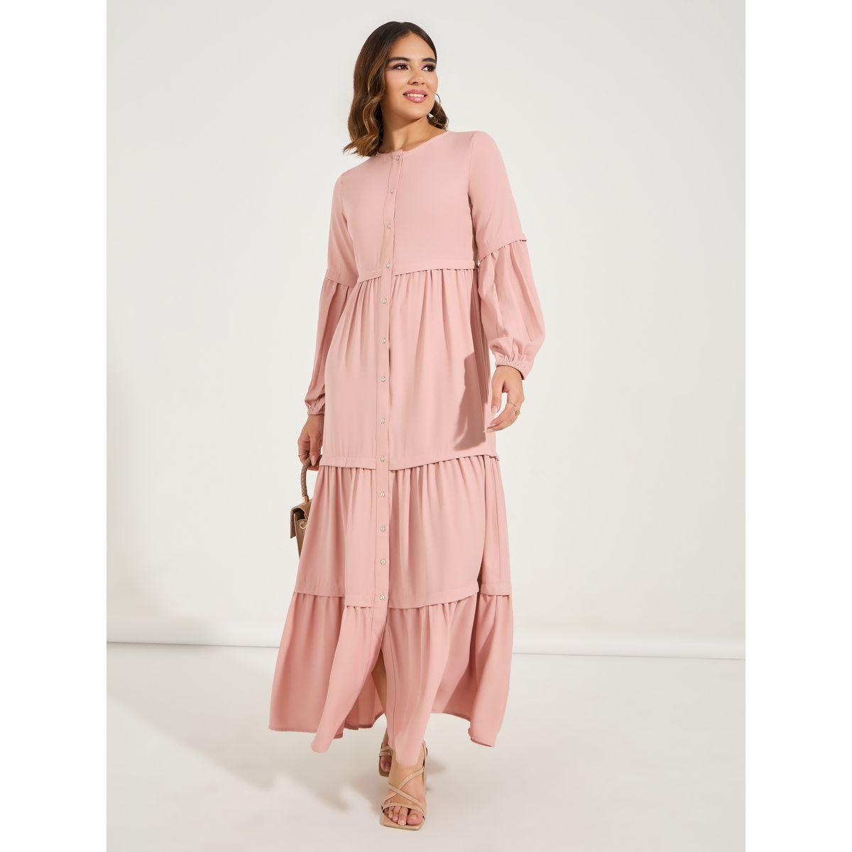 فستان طويل سادة بكسرات مع ازرار-women-clothing-dresses-image-4