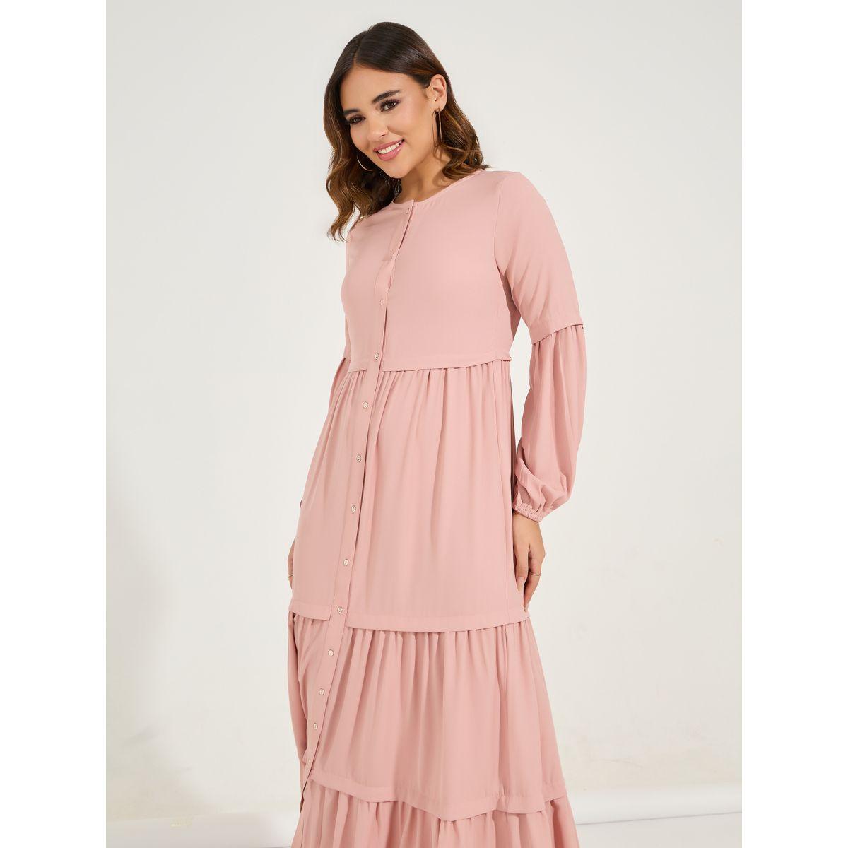 Styli Solid Full Button Front Tiered Maxi Dress-women-clothing-dresses-image-5