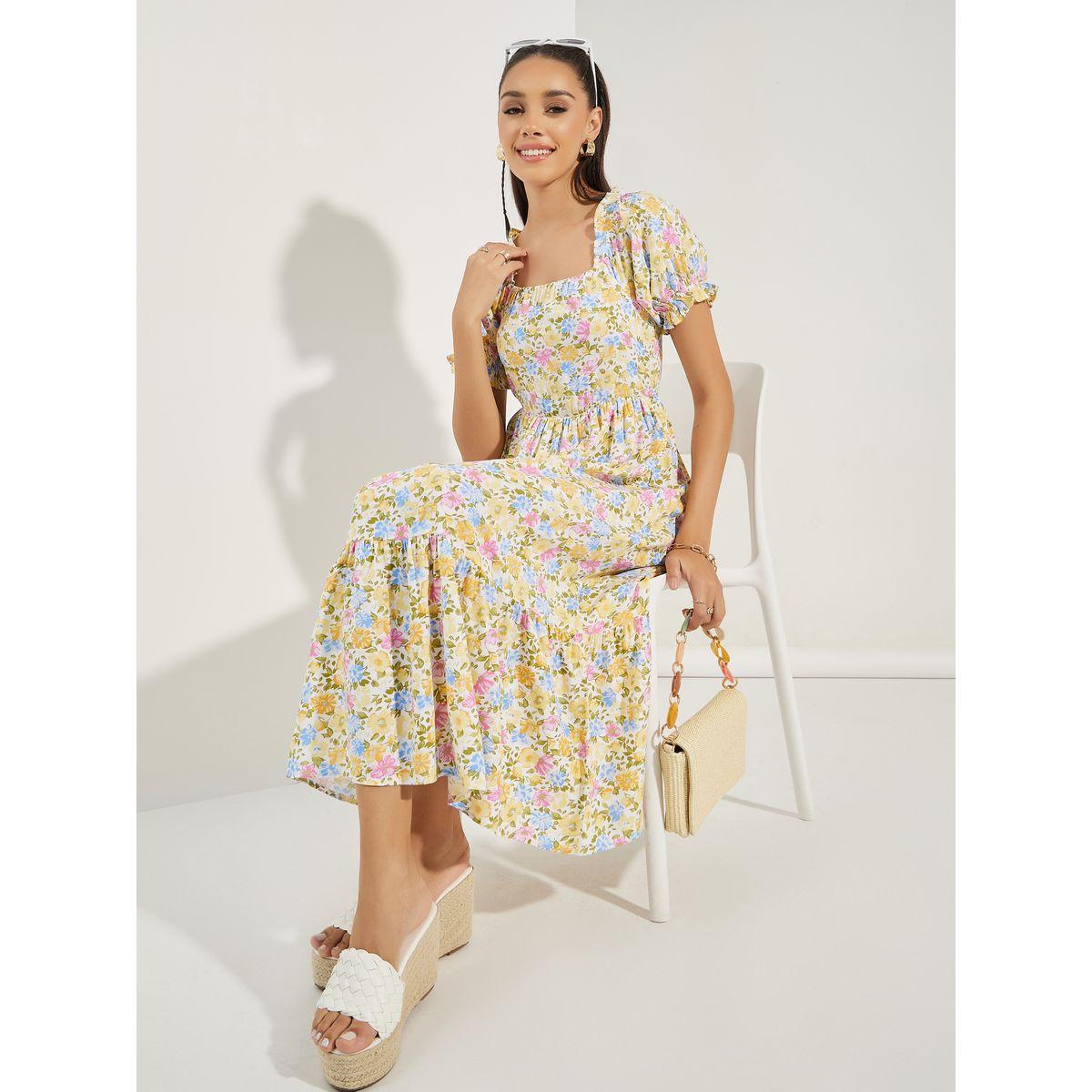 فستان ميدي بياقة واسعة وطبعة زهور-women-clothing-dresses-image-1