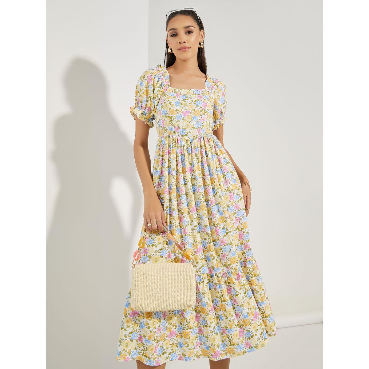 فستان ميدي بياقة واسعة وطبعة زهور-women-clothing-dresses-image-3