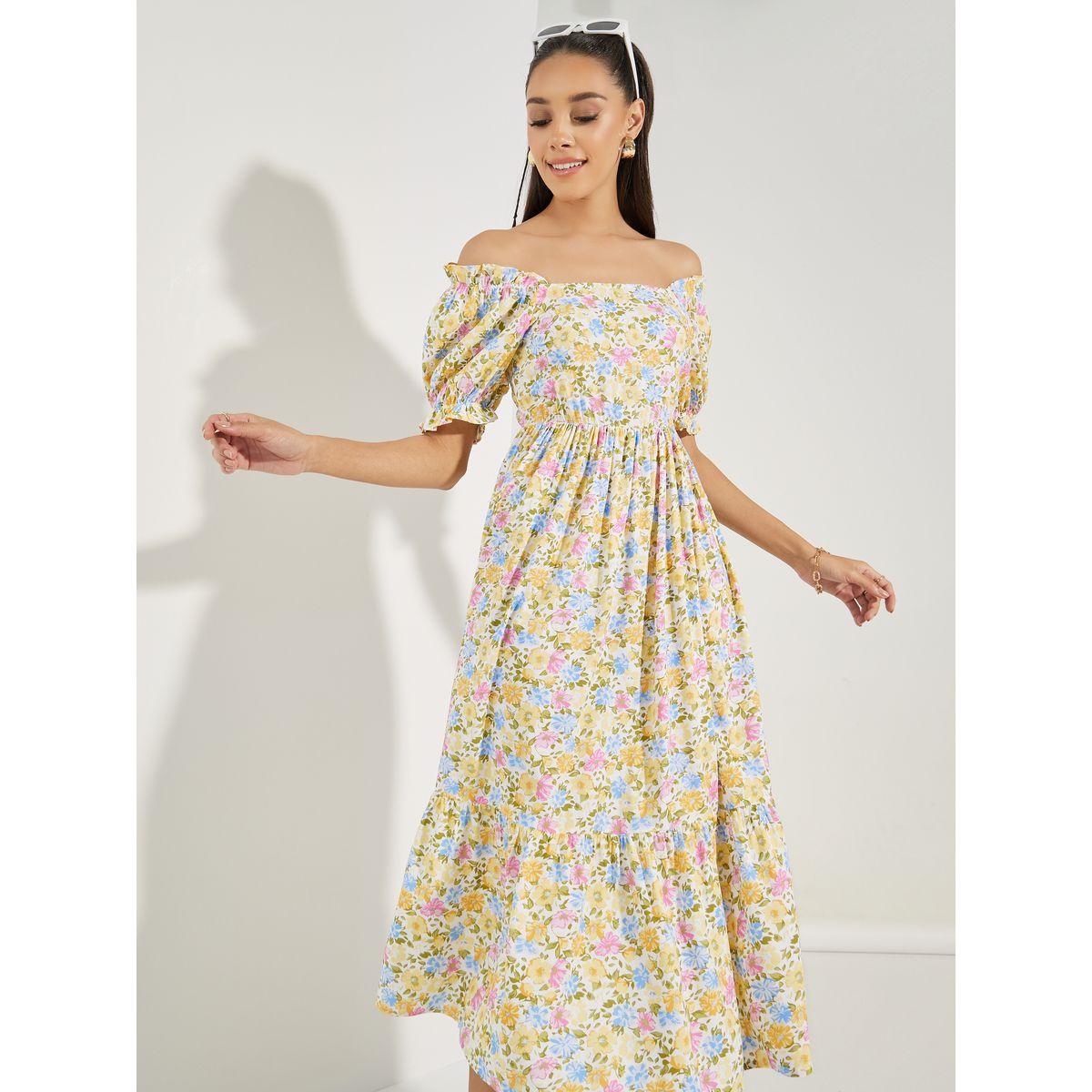 فستان ميدي بياقة واسعة وطبعة زهور-women-clothing-dresses-image-4