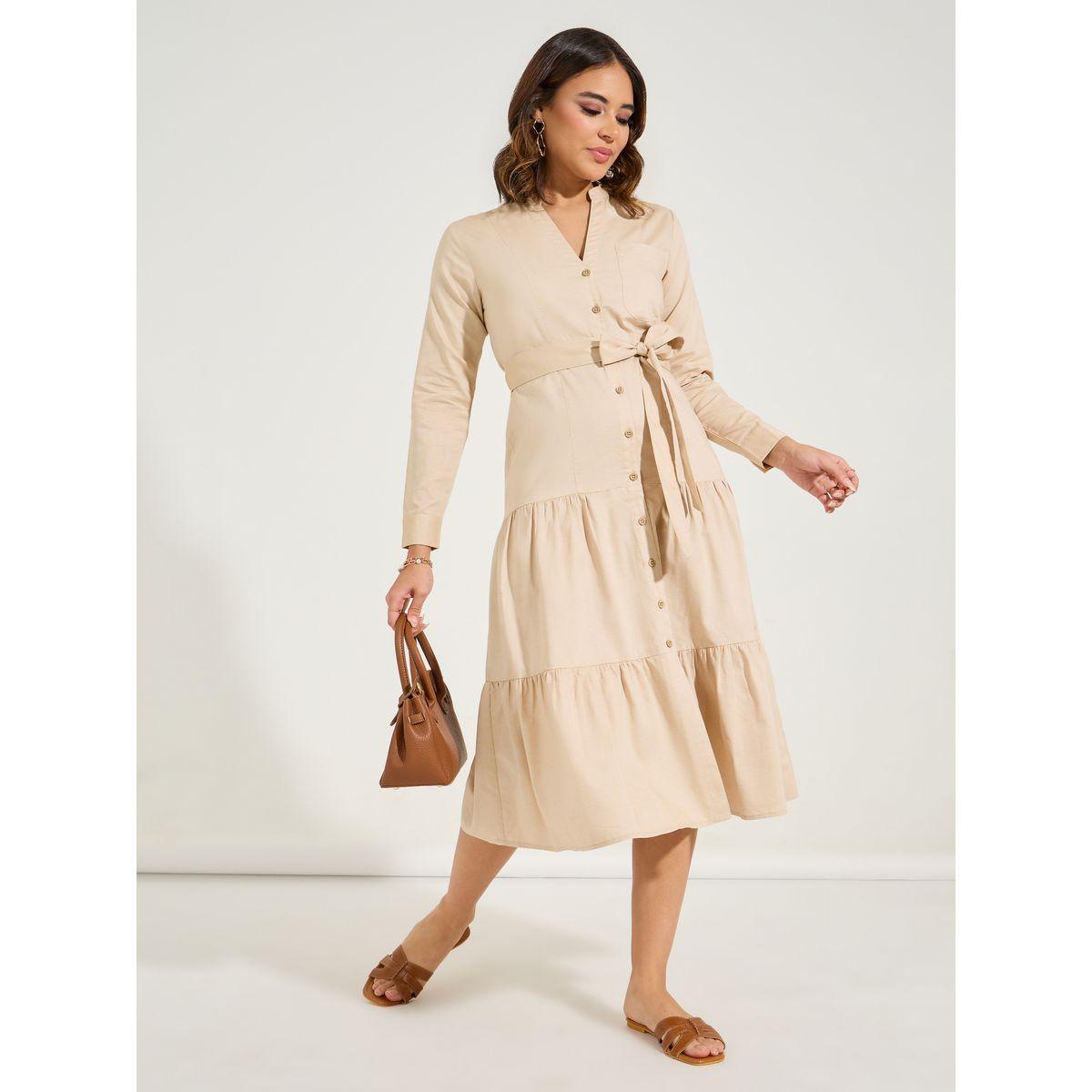 Styli Solid Shirt Midi Dress with Tie Belt-women-clothing-dresses-image-1