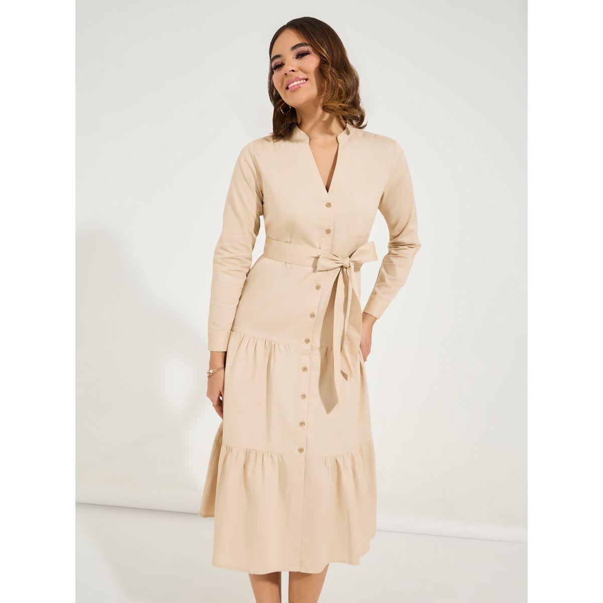 Styli Solid Shirt Midi Dress with Tie Belt-women-clothing-dresses-image-2