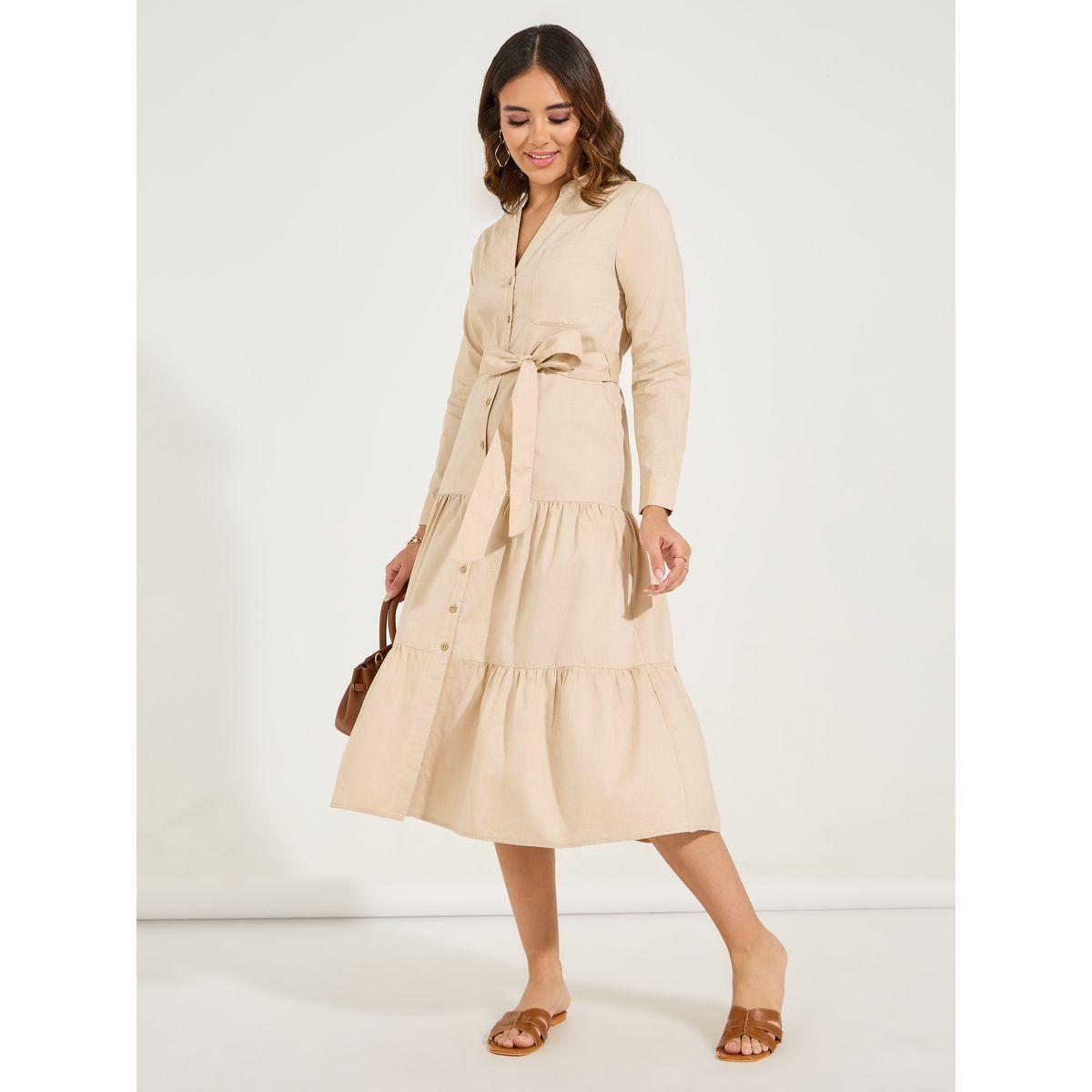 Styli Solid Shirt Midi Dress with Tie Belt-women-clothing-dresses-image-4