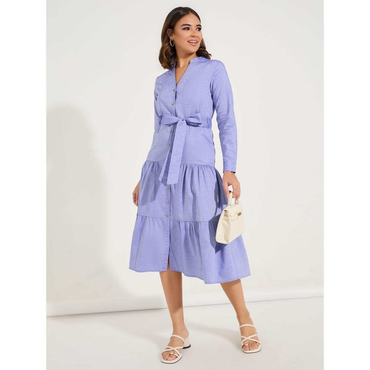 فستان ميدي سادة بكسرات مع اربطة-women-clothing-dresses-image-1