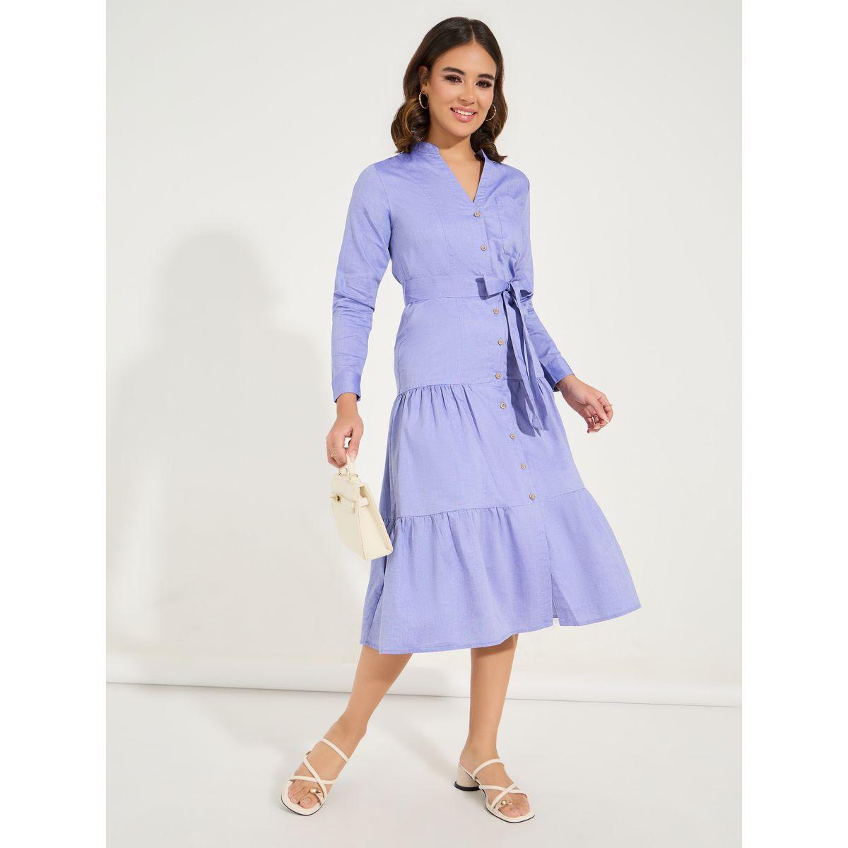 Styli Solid Shirt Midi Dress with Tie Belt-women-clothing-dresses-image-3