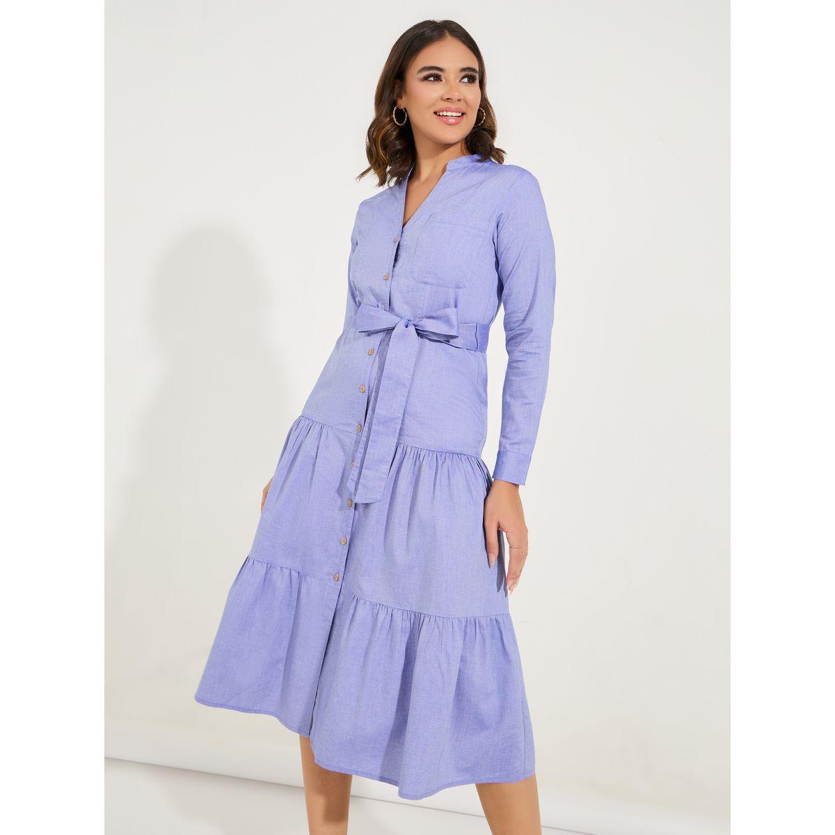 Styli Solid Shirt Midi Dress with Tie Belt-women-clothing-dresses-image-5