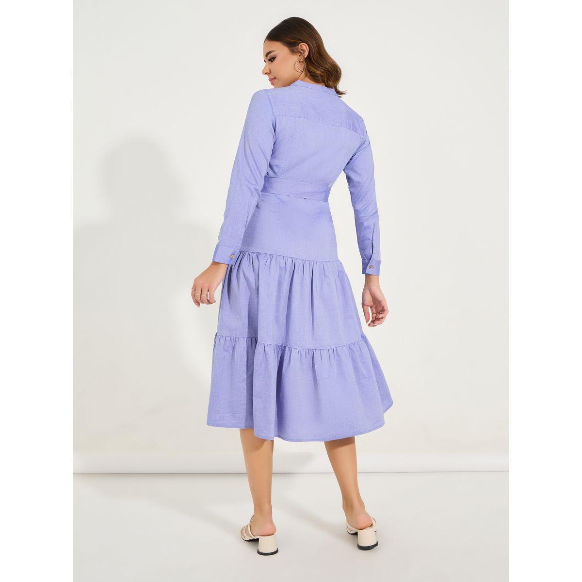 Styli Solid Shirt Midi Dress with Tie Belt-women-clothing-dresses-image-6
