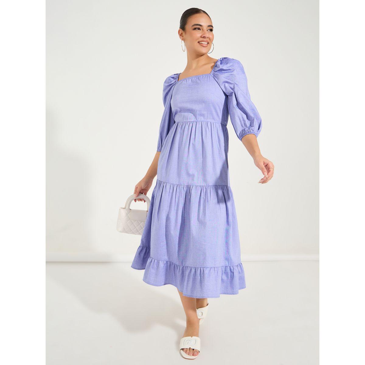 Styli Square Neck Tiered Midi Dress with Puff Sleeves-women-clothing-dresses-image-1