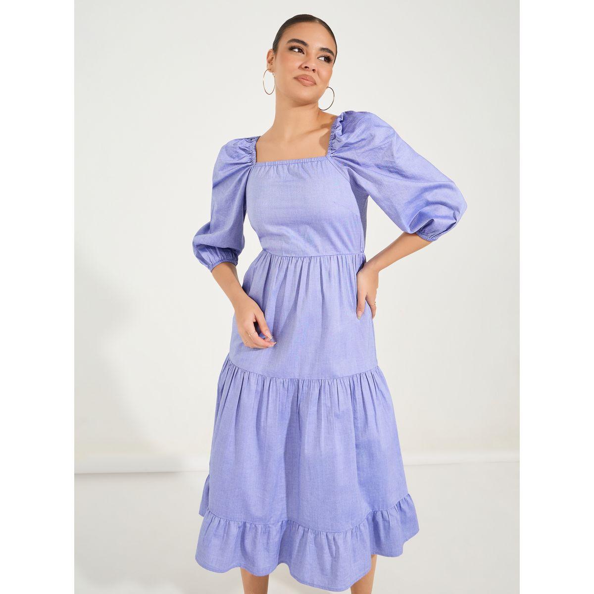Styli Square Neck Tiered Midi Dress with Puff Sleeves-women-clothing-dresses-image-2