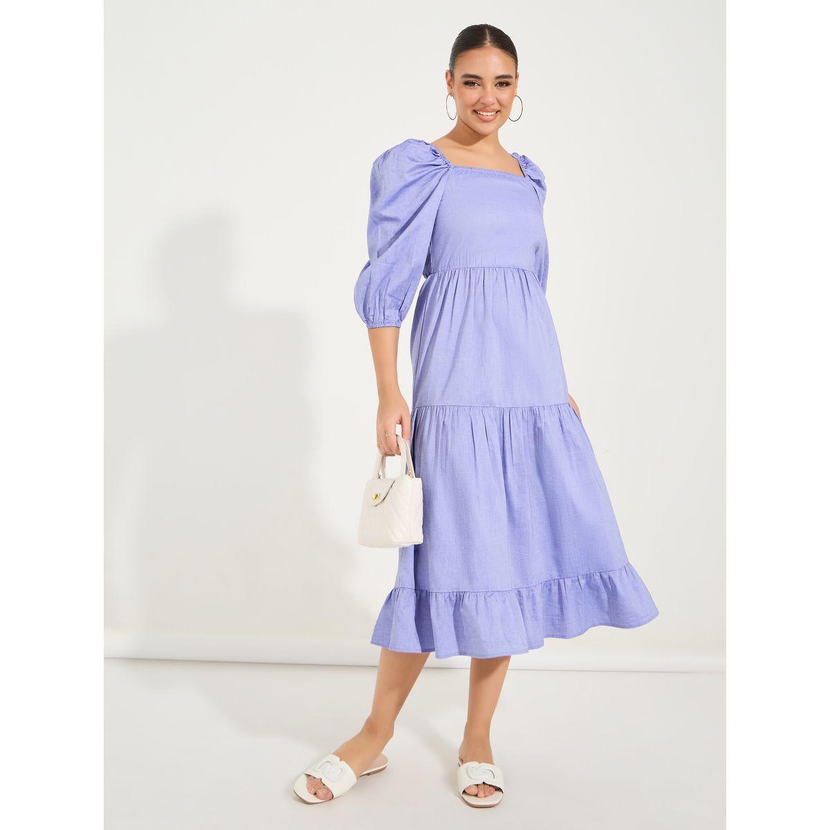 Styli Square Neck Tiered Midi Dress with Puff Sleeves-women-clothing-dresses-image-4