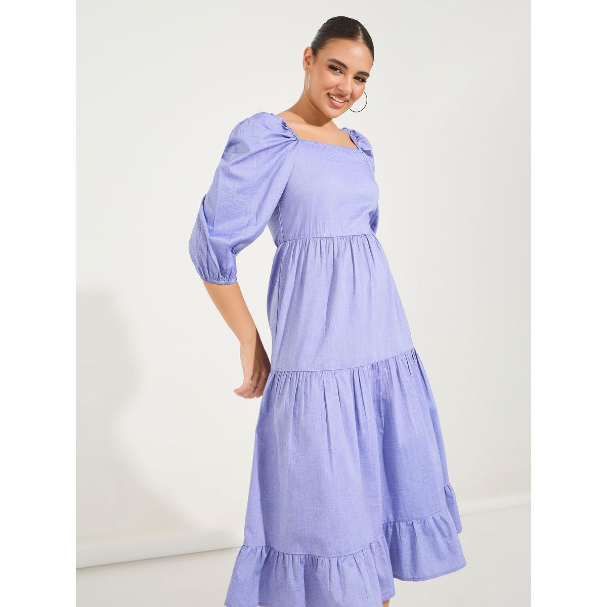 فستان ميدي بكسرات وياقة واسعة مع اكمام منفوخة-women-clothing-dresses-image-5