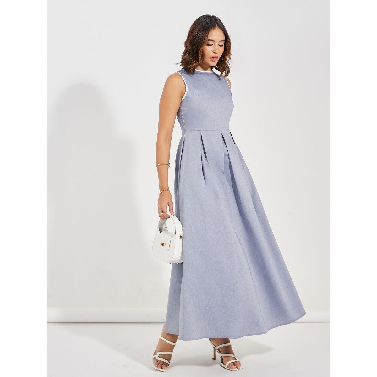 Styli Contrast Trim Box Pleat Detail Maxi Dress-women-clothing-dresses-image-1