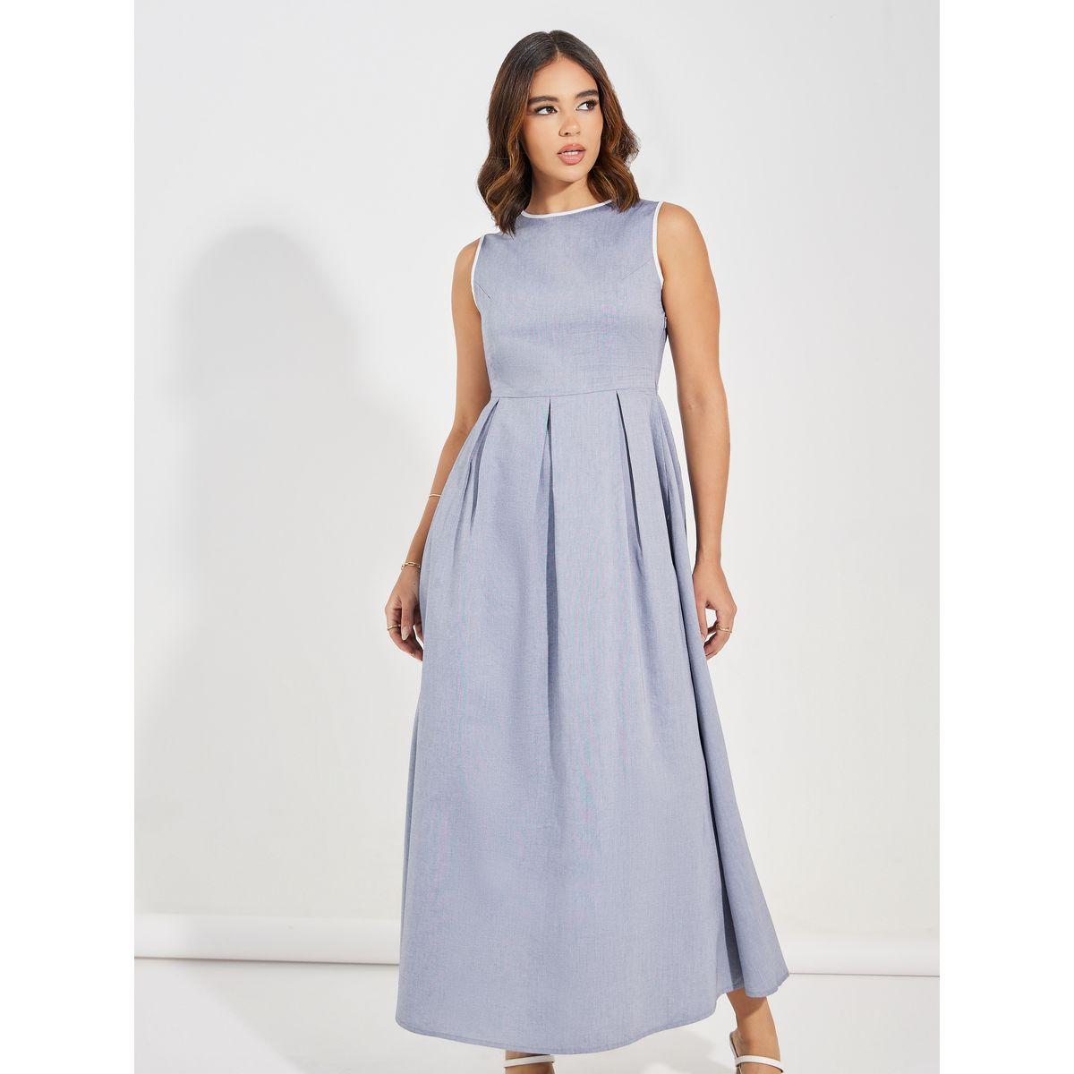 Styli Contrast Trim Box Pleat Detail Maxi Dress-women-clothing-dresses-image-2
