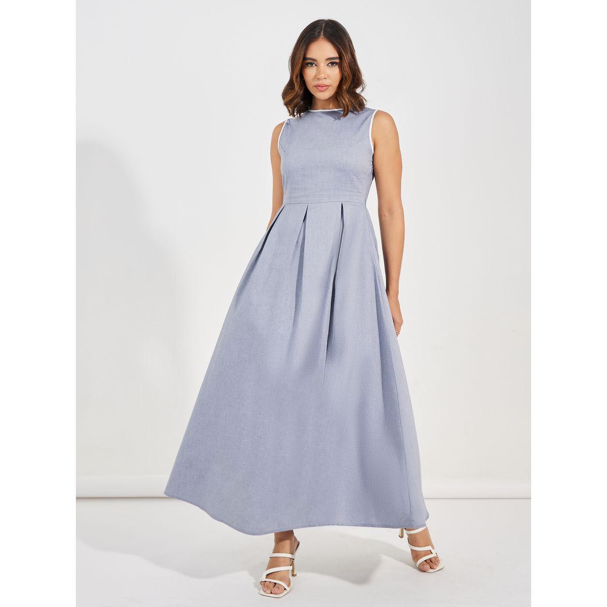Styli Contrast Trim Box Pleat Detail Maxi Dress-women-clothing-dresses-image-5