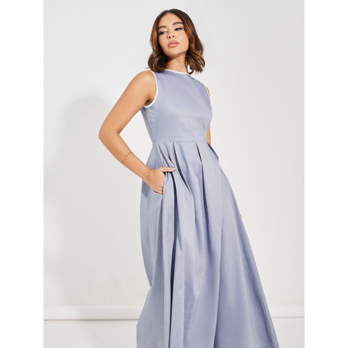 Styli Contrast Trim Box Pleat Detail Maxi Dress-women-clothing-dresses-image-6