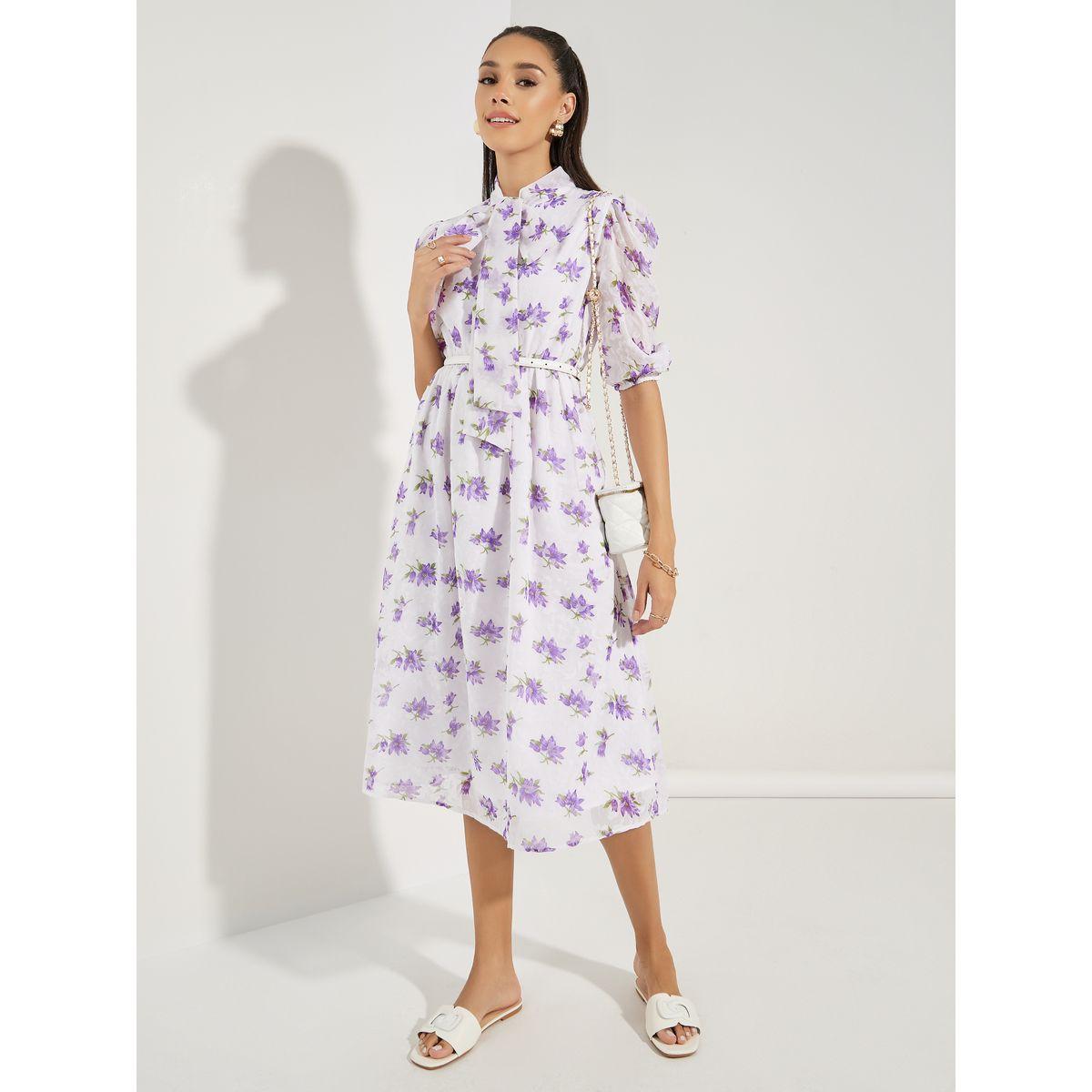 فستان ميدي بطبعة زهور مع ياقة بأربطة-women-clothing-dresses-image-1