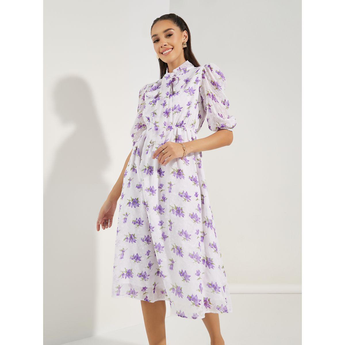 فستان ميدي بطبعة زهور مع ياقة بأربطة-women-clothing-dresses-image-2