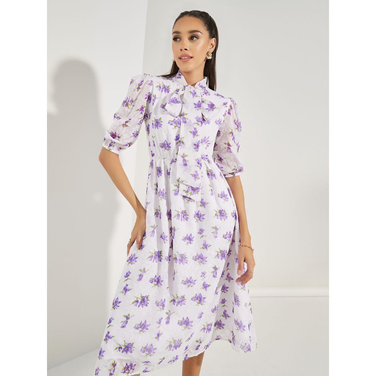 فستان ميدي بطبعة زهور مع ياقة بأربطة-women-clothing-dresses-image-3