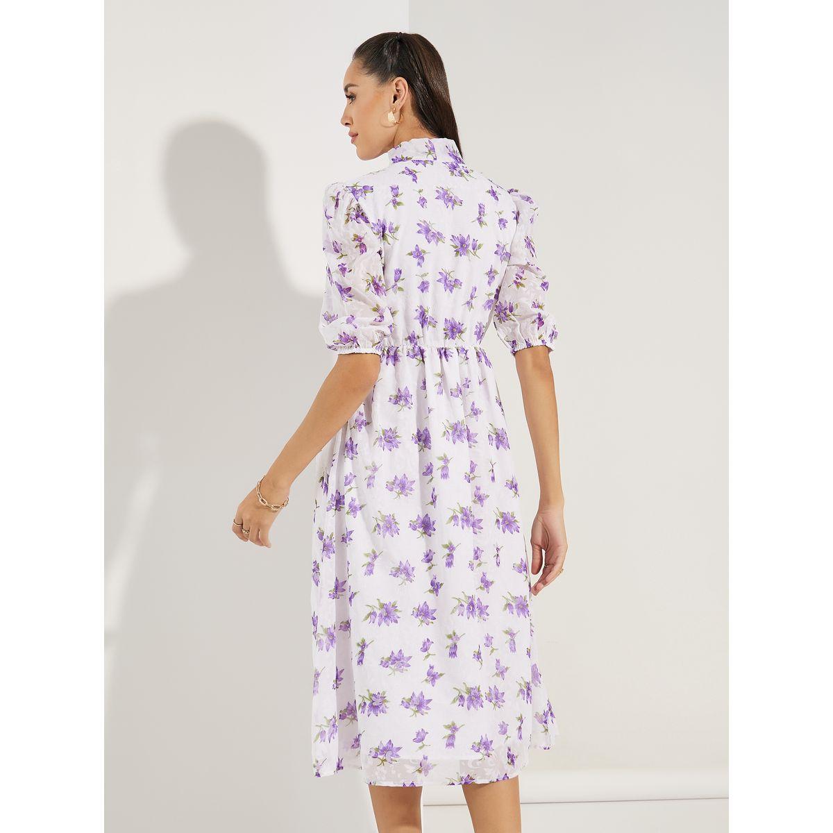 فستان ميدي بطبعة زهور مع ياقة بأربطة-women-clothing-dresses-image-5