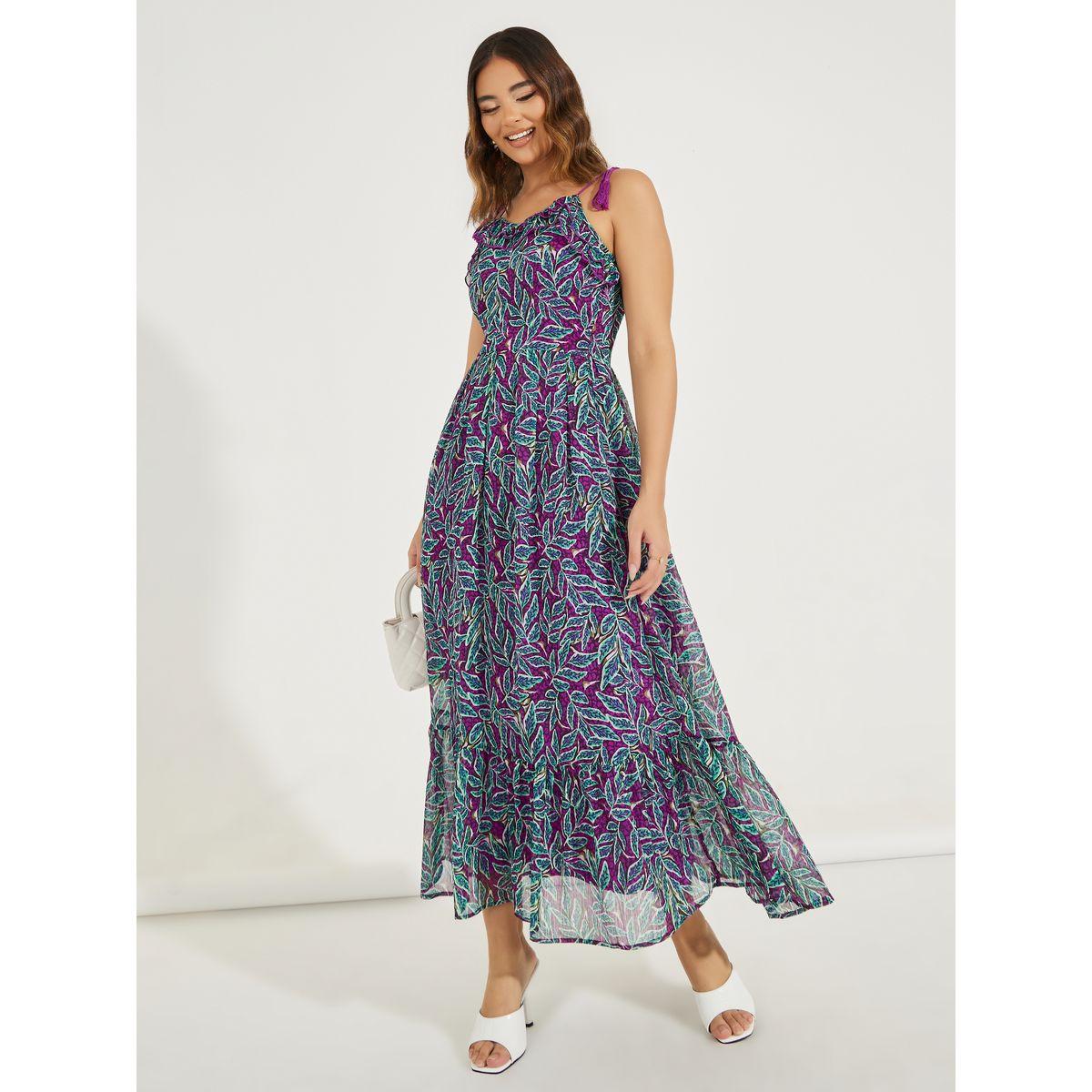 فستان طويل بحمالات وطبعة اوراق شجر-women-clothing-dresses-image-1