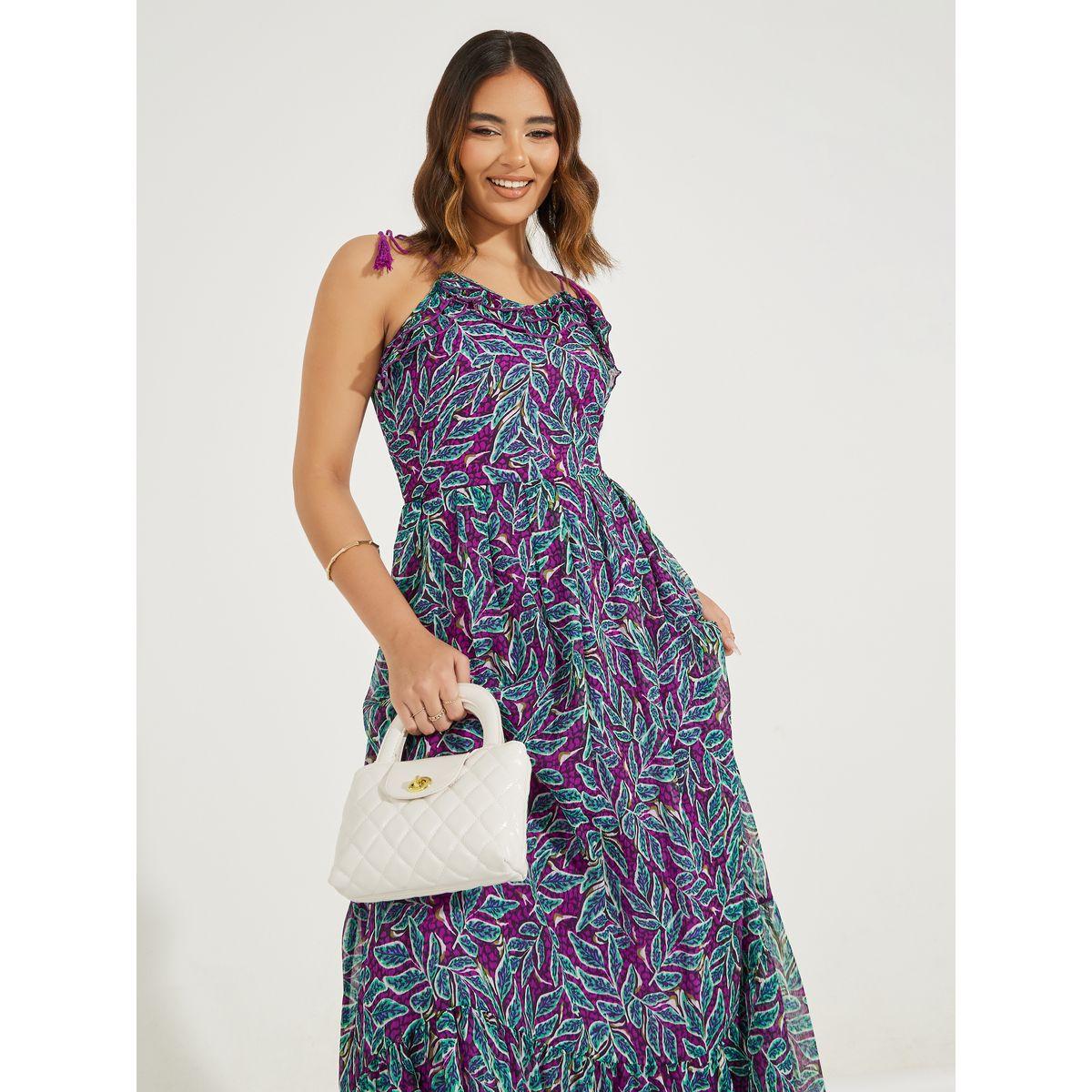 فستان طويل بحمالات وطبعة اوراق شجر-women-clothing-dresses-image-2