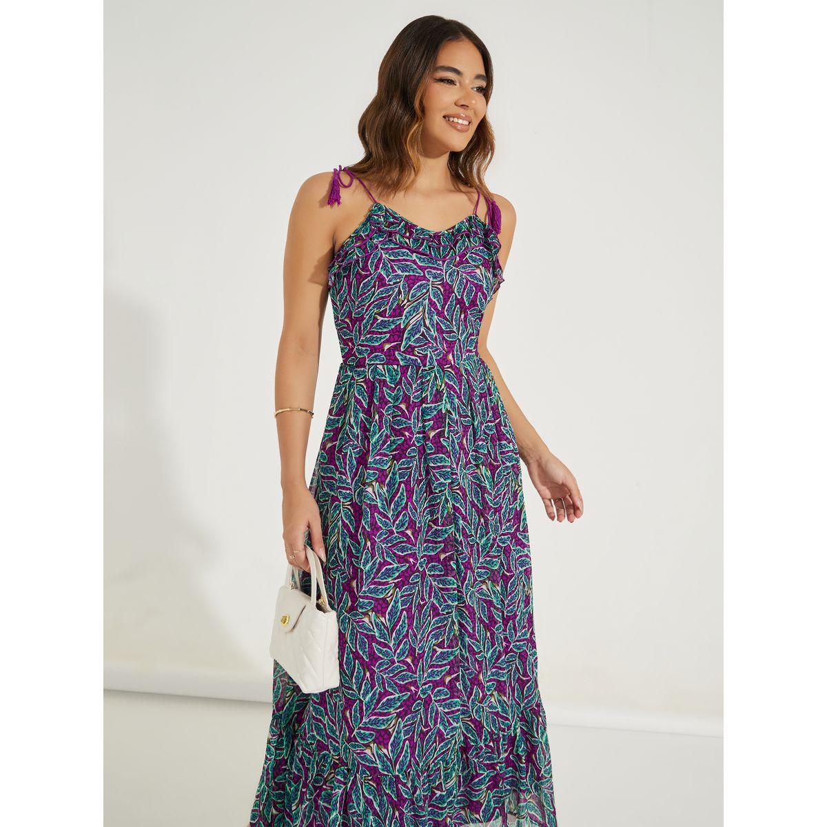فستان طويل بحمالات وطبعة اوراق شجر-women-clothing-dresses-image-5
