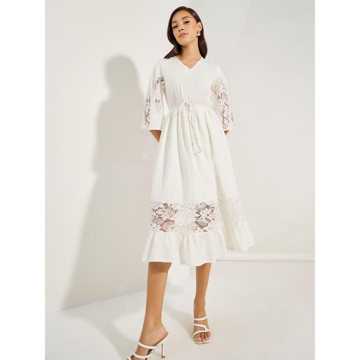 Styli Lace Insert Midi Dress with Tassel Tie Waist-women-clothing-dresses-image-2