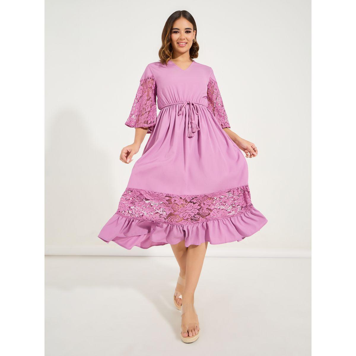 Styli Lace Insert Midi Dress with Tassel Tie Waist-women-clothing-dresses-image-1