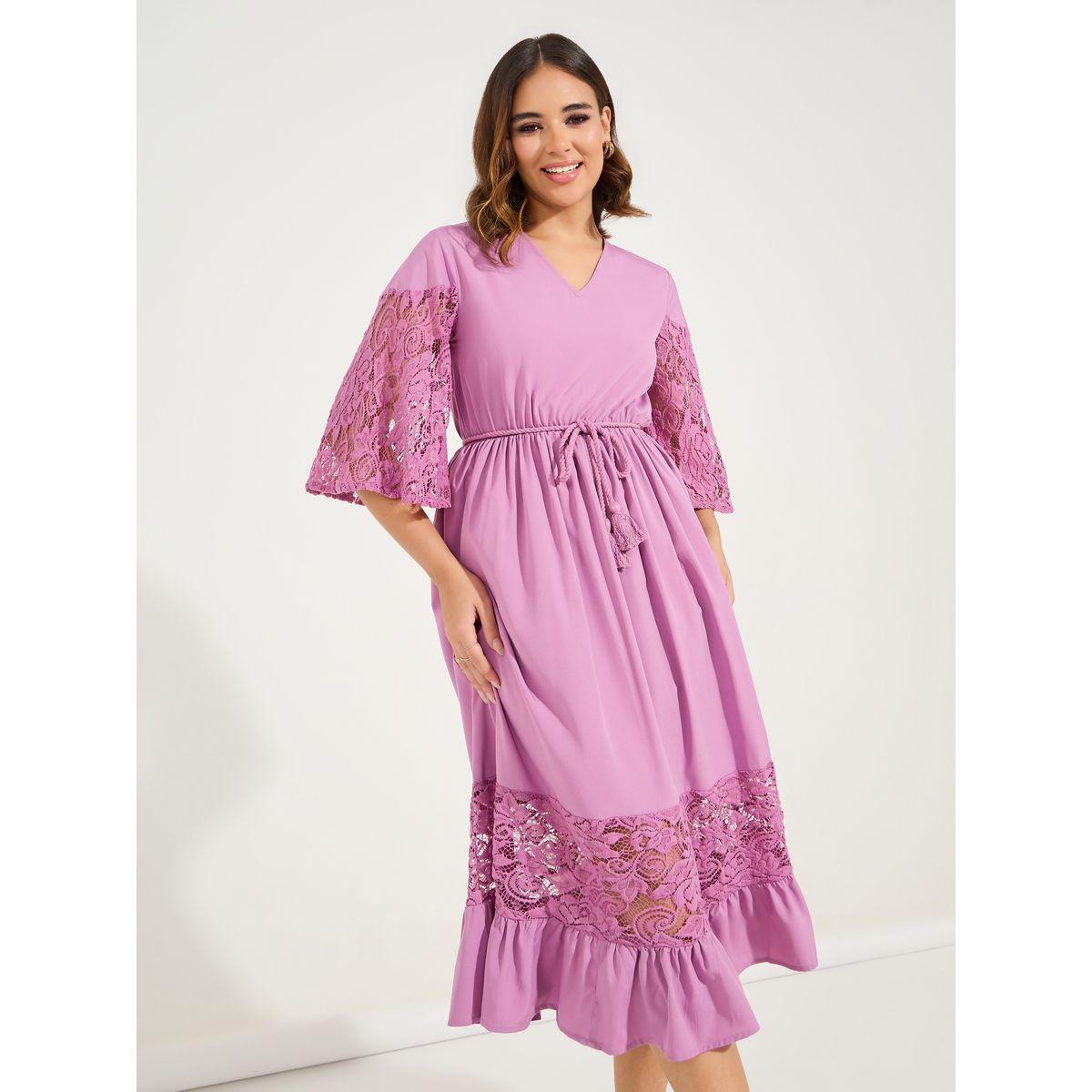Styli Lace Insert Midi Dress with Tassel Tie Waist-women-clothing-dresses-image-2