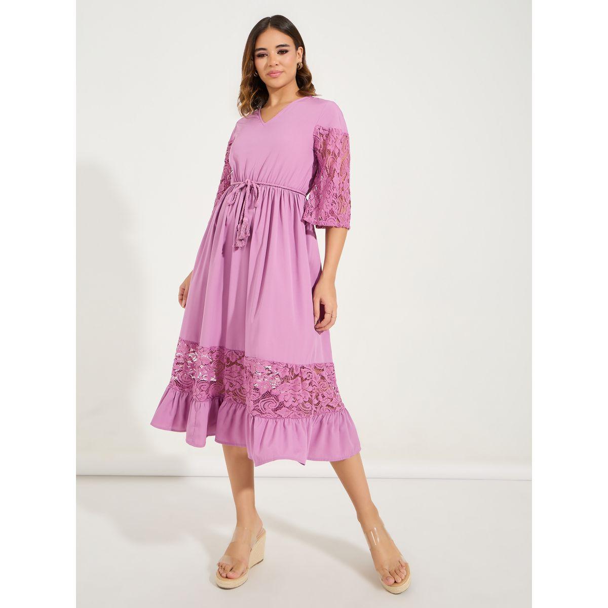 Styli Lace Insert Midi Dress with Tassel Tie Waist-women-clothing-dresses-image-4