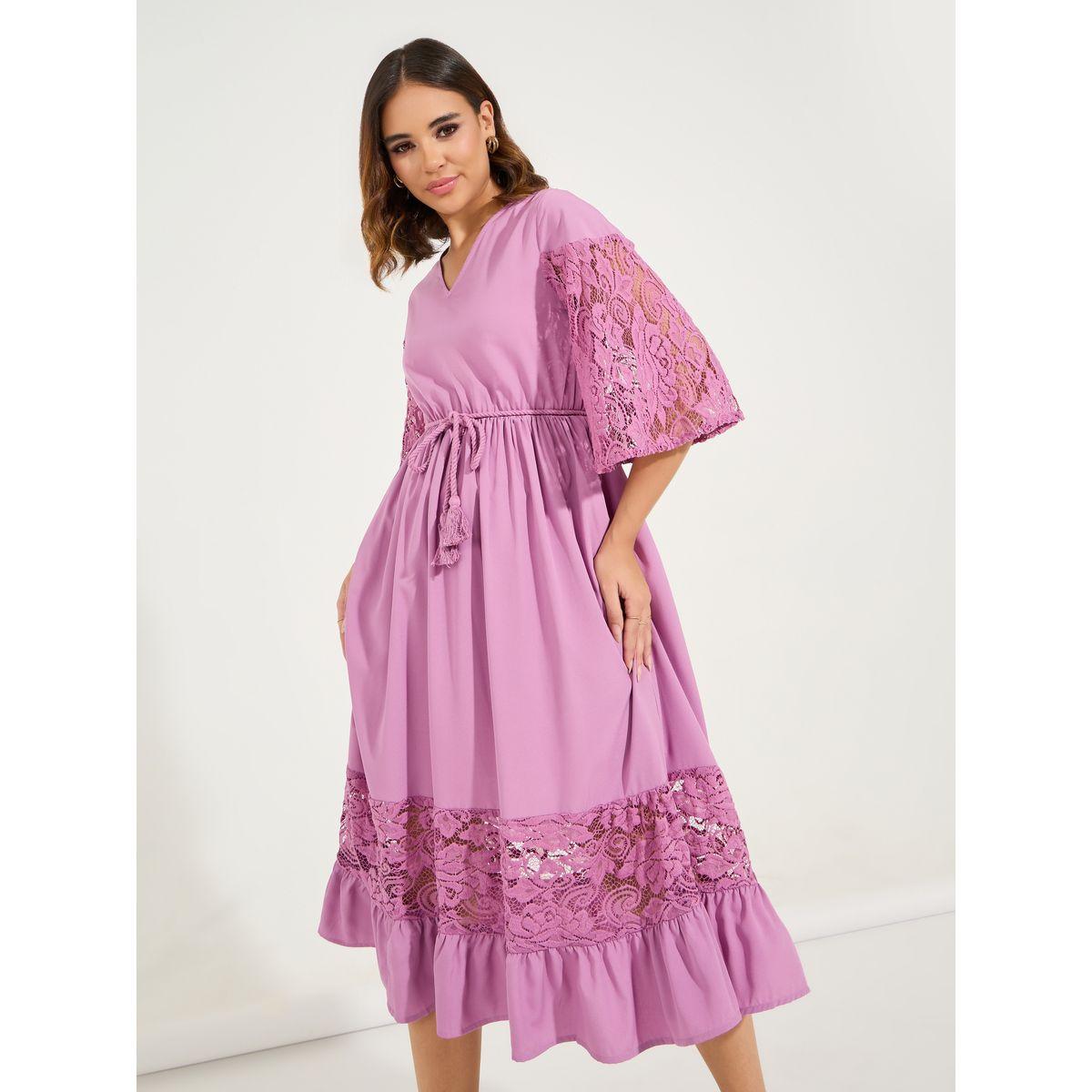 فستان ميدي بتفاصيل دانتيل مع اربطة بشراشيب-women-clothing-dresses-image-5