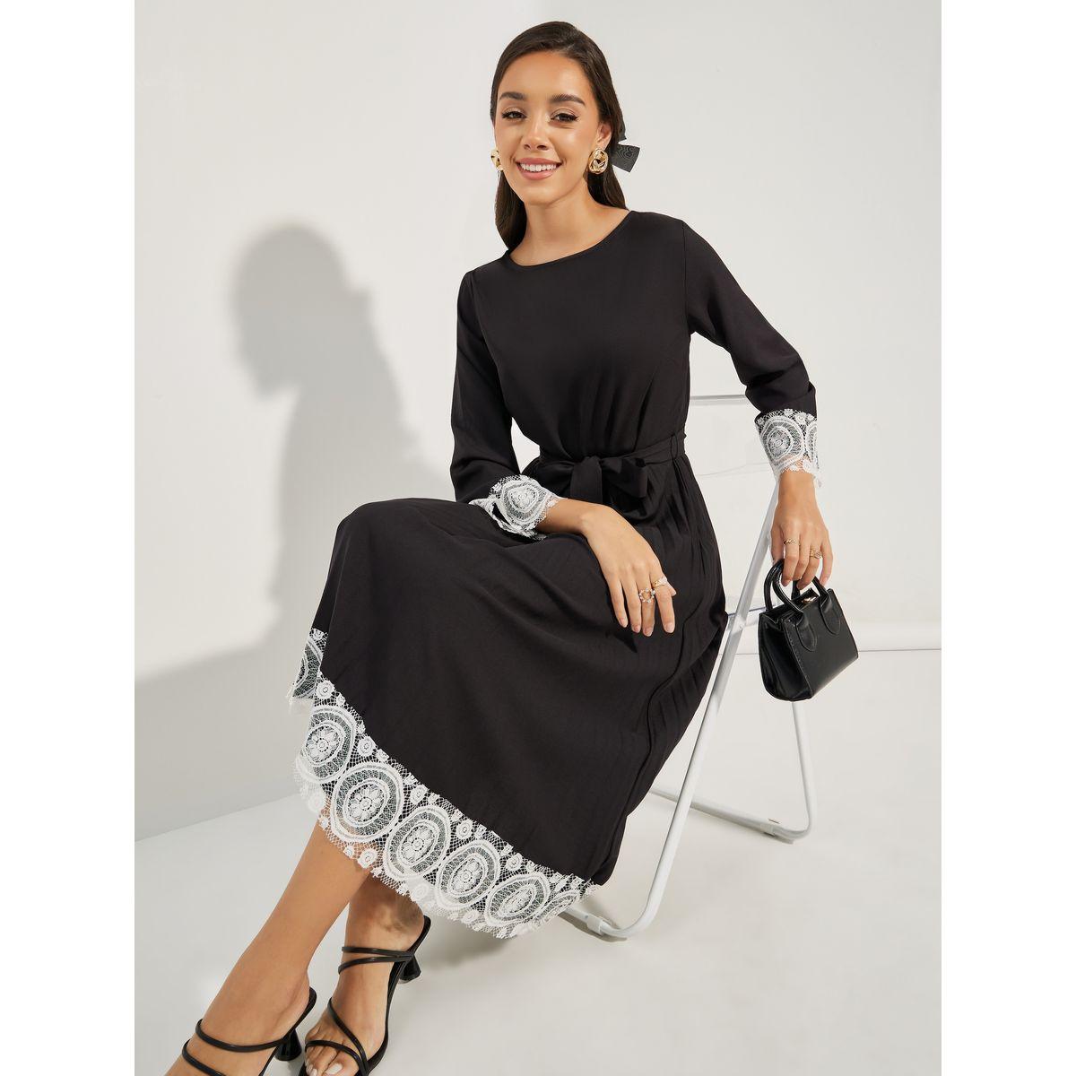 Styli Lace Insert Pleated Hem Midi Dress-women-clothing-dresses-image-1