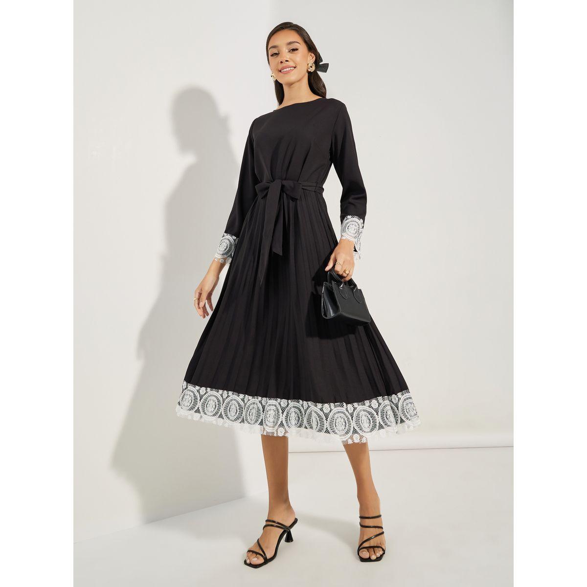 فستان ميدي بتفاصيل دانتيل مع كسرات-women-clothing-dresses-image-2