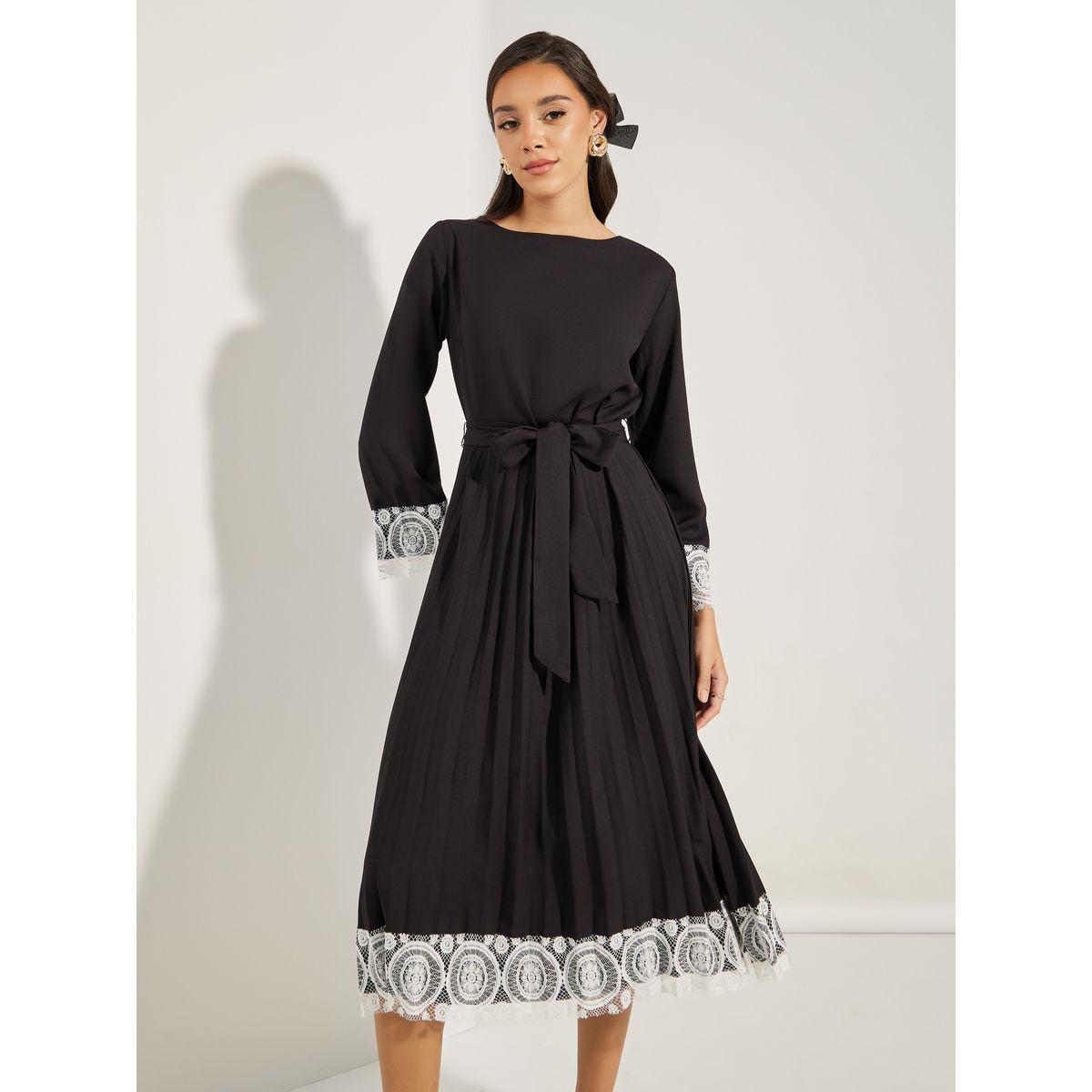 فستان ميدي بتفاصيل دانتيل مع كسرات-women-clothing-dresses-image-3