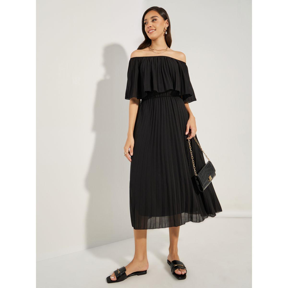 Styli Pleated Overlay Off Shoulder Neck Midi Dress-women-clothing-dresses-image-1