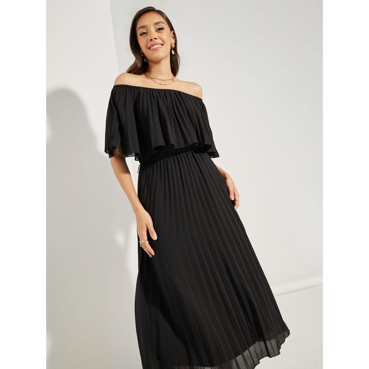 Styli Pleated Overlay Off Shoulder Neck Midi Dress-women-clothing-dresses-image-2