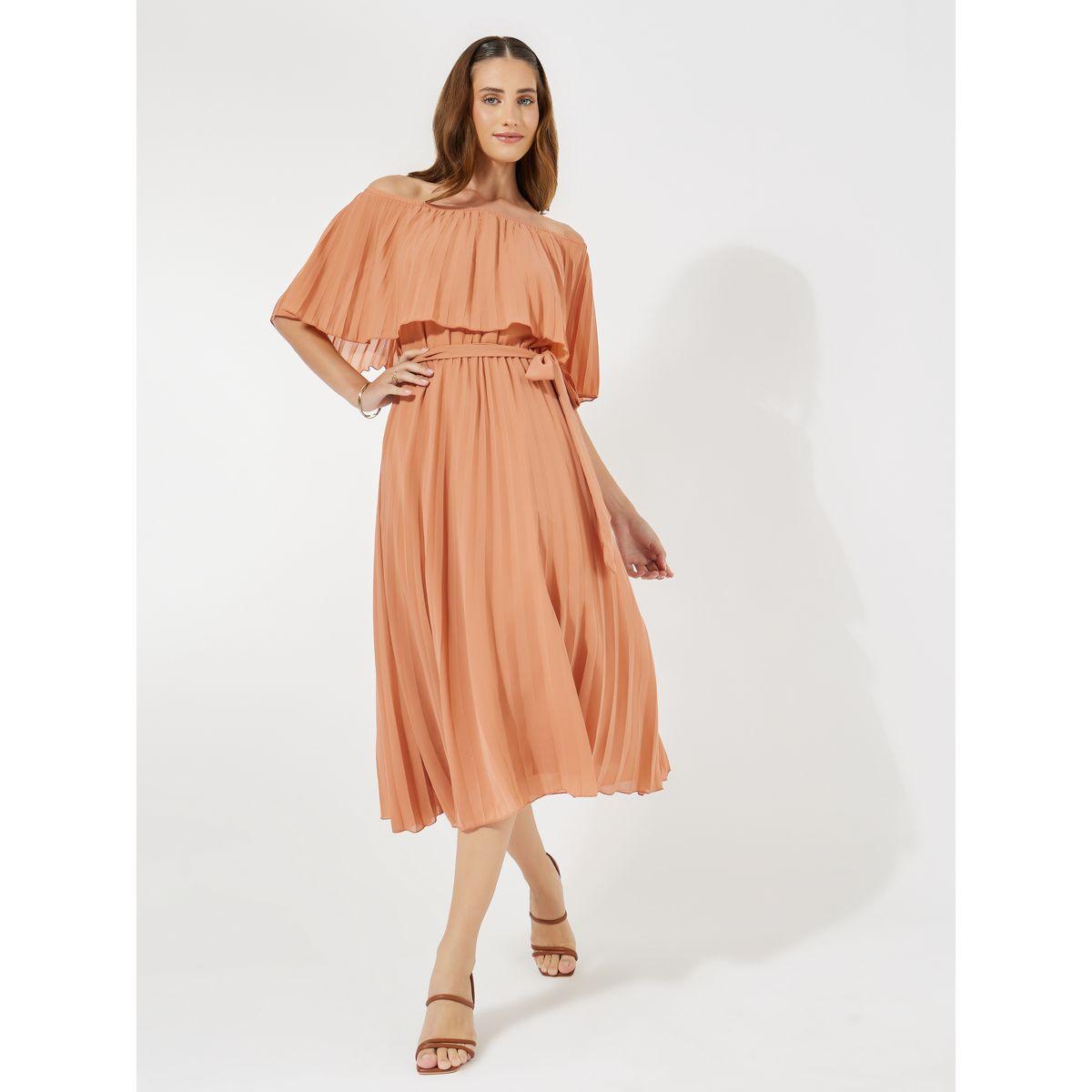 Styli Pleated Overlay Off Shoulder Neck Midi Dress-women-clothing-dresses-image-1