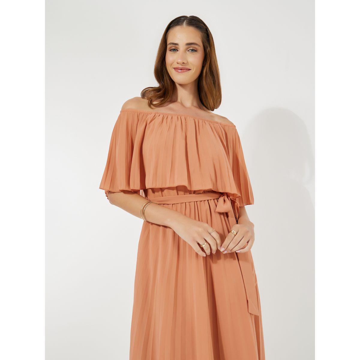 Styli Pleated Overlay Off Shoulder Neck Midi Dress-women-clothing-dresses-image-5