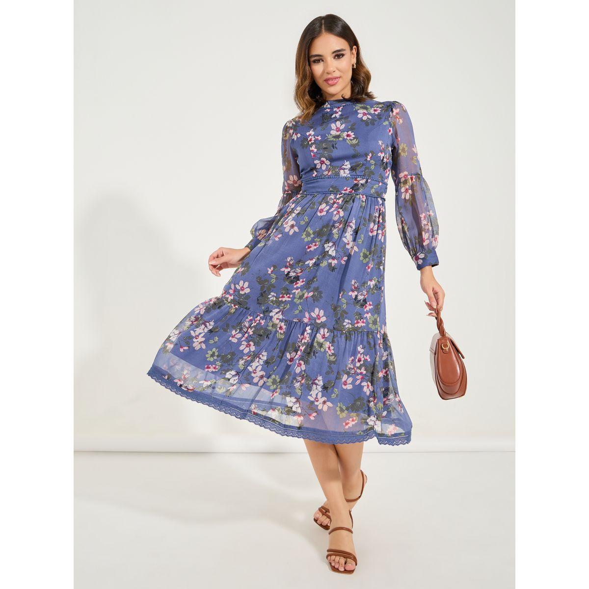 فستان ميدي مطبع بزهور مع كسرات-women-clothing-dresses-image-1