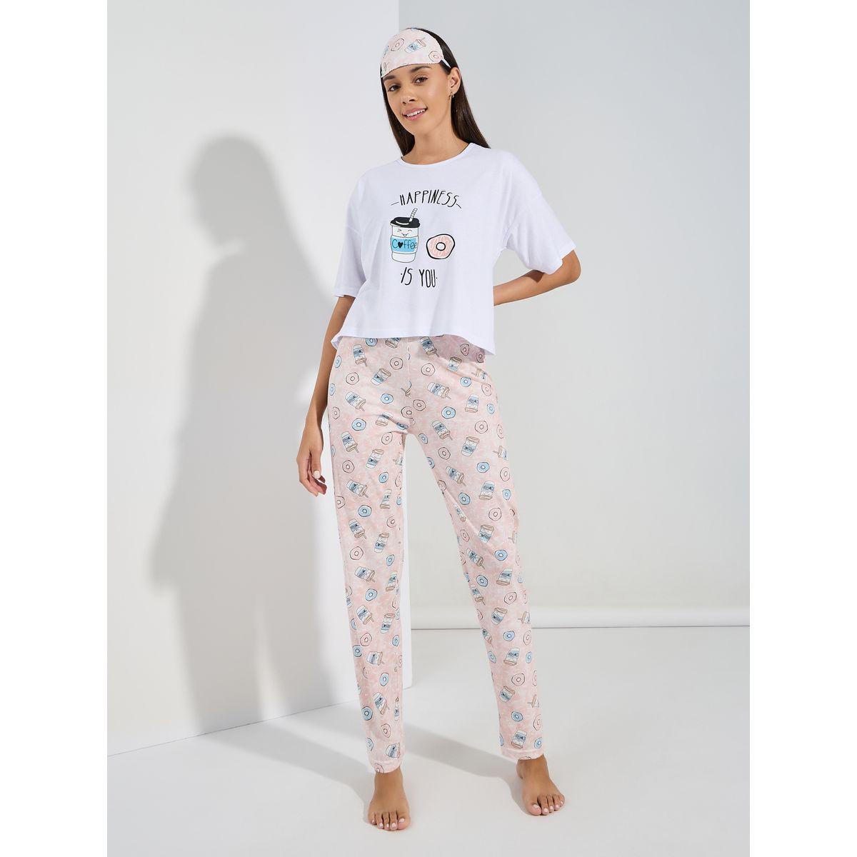Styli Unwind Donut Graphic Drop Shoulder T-Shirt & AOP Pyjama Set-women-clothing-nightwear-pyjamas-longsets-image-1